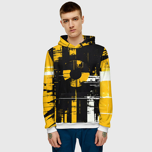 Мужская толстовка Жёлто-белый гранж на чёрном фоне / 3D-Белый – фото 3