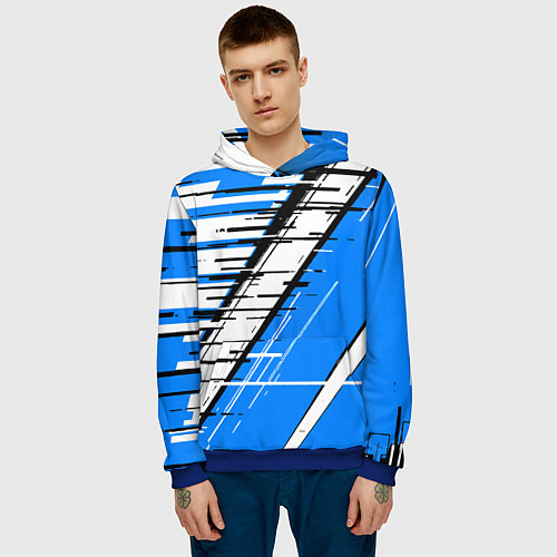 Мужская толстовка Чёрно-белые глитч полосы на синем фоне / 3D-Синий – фото 3