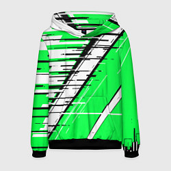 Толстовка-худи мужская Чёрно-белые глитч полосы на зелёном фоне, цвет: 3D-черный