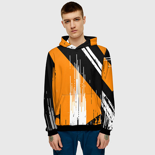 Мужская толстовка Вертикальные чёрные линии на оранжево-белом фоне / 3D-Черный – фото 3