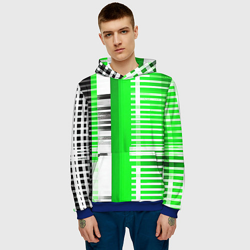 Мужская толстовка Белые полосы на зелёно-чёрном фоне / 3D-Синий – фото 3