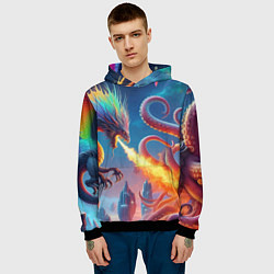 Толстовка-худи мужская Огнедышащий дракон против осьминога - нейроарт фан, цвет: 3D-черный — фото 2