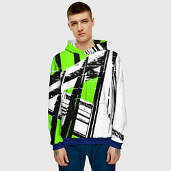 Толстовка-худи мужская Чёрно-белые абстрактные линии на зелёном фоне, цвет: 3D-синий — фото 2