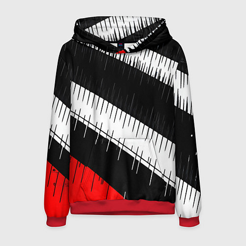 Мужская толстовка Диагональные чёрно-белые полосы на красном фоне / 3D-Красный – фото 1