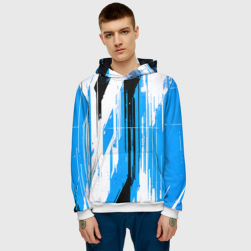 Мужская толстовка Вертикальные чёрно-белые линии на синем фоне / 3D-Белый – фото 3