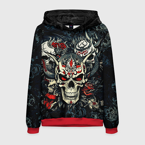 Мужская толстовка Маска Хання на черепе самурая на фоне духов / 3D-Красный – фото 1
