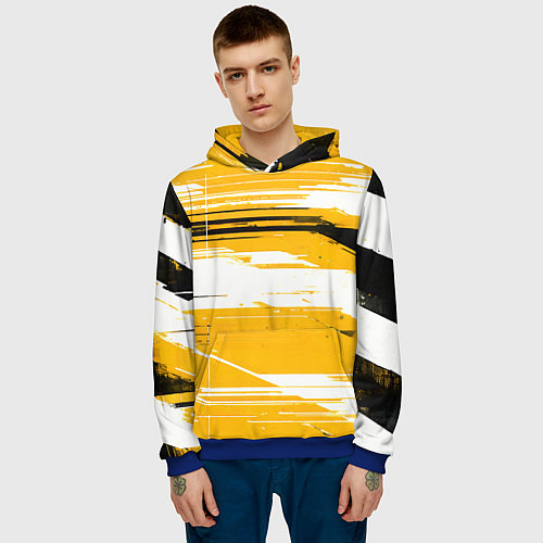 Мужская толстовка Горизонтальные чёрно-белые линии на жёлтом фоне / 3D-Синий – фото 3