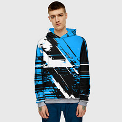 Толстовка-худи мужская Diagonal black and white stripes on a blue backgro, цвет: 3D-меланж — фото 2