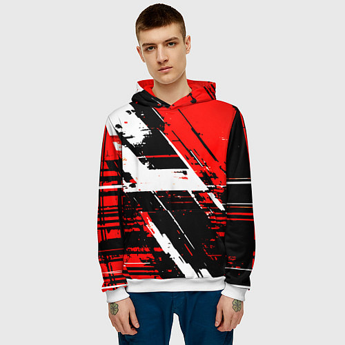 Мужская толстовка Diagonal black and white stripes on a red backgrou / 3D-Белый – фото 3
