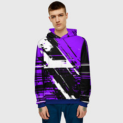 Толстовка-худи мужская Diagonal black and white stripes on a purple backg, цвет: 3D-синий — фото 2