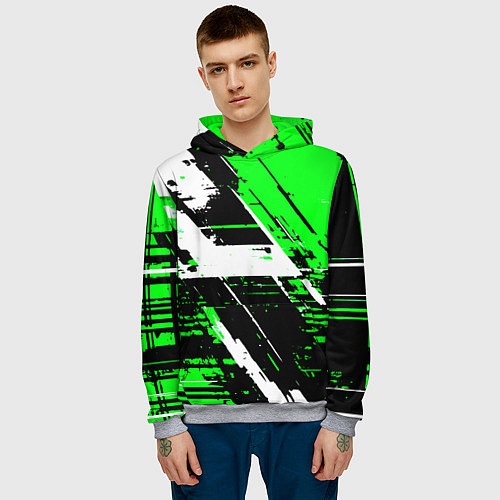 Мужская толстовка Diagonal black and white stripes on a green backgr / 3D-Меланж – фото 3