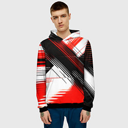 Толстовка-худи мужская Диагональные красно-чёрные линии на белом фоне, цвет: 3D-черный — фото 2