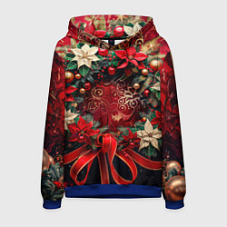 Толстовка-худи мужская Новогодний венок с пуансеттией - нейросеть, цвет: 3D-синий
