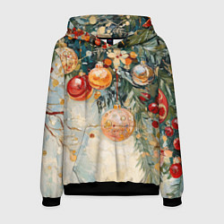 Толстовка-худи мужская Большие и маленькие новогодние шары, цвет: 3D-черный