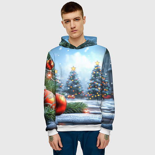 Мужская толстовка Новогодние елки и шар / 3D-Белый – фото 3