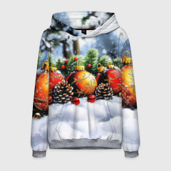 Толстовка-худи мужская Красные и желтый новогодние шары, цвет: 3D-меланж