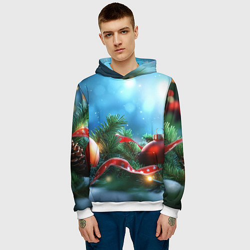 Мужская толстовка Красные игрушки новогодние / 3D-Белый – фото 3