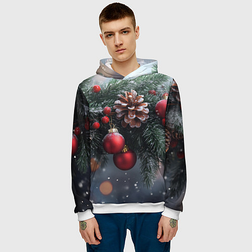 Мужская толстовка Красные игрушки на елке и шишки / 3D-Белый – фото 3