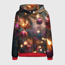Толстовка-худи мужская Фиолетовые новогодние шары, цвет: 3D-красный