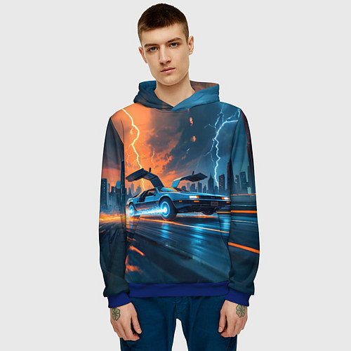Мужская толстовка Автомобиль и ночные молнии / 3D-Синий – фото 3