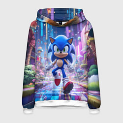 Толстовка-худи мужская Sonic в неоновом городе, цвет: 3D-белый