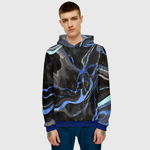Мужская толстовка Синие флюиды на чёрном фоне / 3D-Синий – фото 3