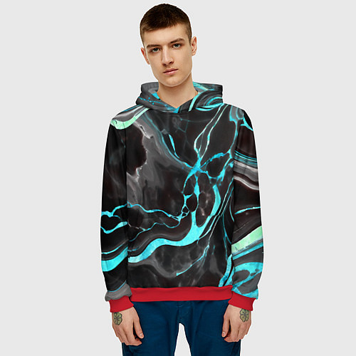Мужская толстовка Голубые флюиды на чёрном фоне / 3D-Красный – фото 3