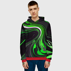 Толстовка-худи мужская Волнистые бело-зелёные линии на чёрном фоне, цвет: 3D-красный — фото 2
