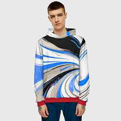 Толстовка-худи мужская Волнистые бело-синие линии на чёрном фоне, цвет: 3D-красный — фото 2
