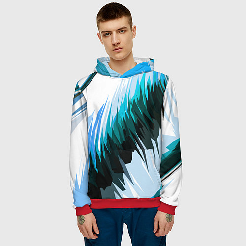 Мужская толстовка Чёрно-синие острые полосы на белом фоне / 3D-Красный – фото 3