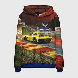 Толстовка-худи мужская Chevrolet Corvette на гоночной трассе, цвет: 3D-синий