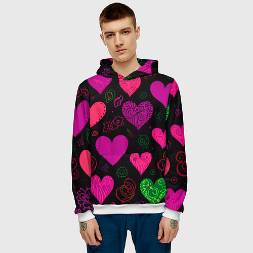 Мужская толстовка Сердечки на черном / 3D-Белый – фото 3
