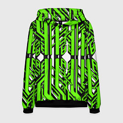 Толстовка-худи мужская Чёрно-зелёные техно полосы на белом фоне, цвет: 3D-черный