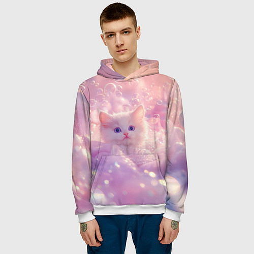 Мужская толстовка Котенок в пузырях / 3D-Белый – фото 3