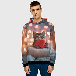 Толстовка-худи мужская Котенок поздравляет с днем святого Валентина, цвет: 3D-черный — фото 2