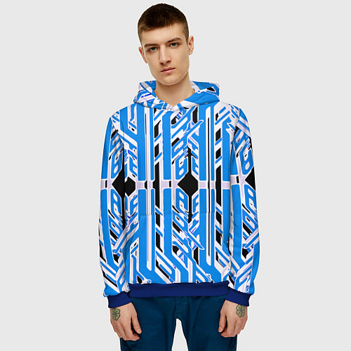 Мужская толстовка Бело-синие техно полосы на чёрном фоне / 3D-Синий – фото 3