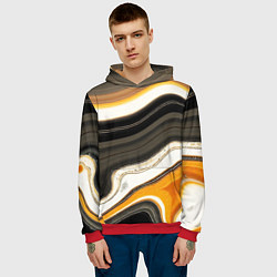 Толстовка-худи мужская Волнистые чёрно-жёлтые полосы на белом фоне, цвет: 3D-красный — фото 2
