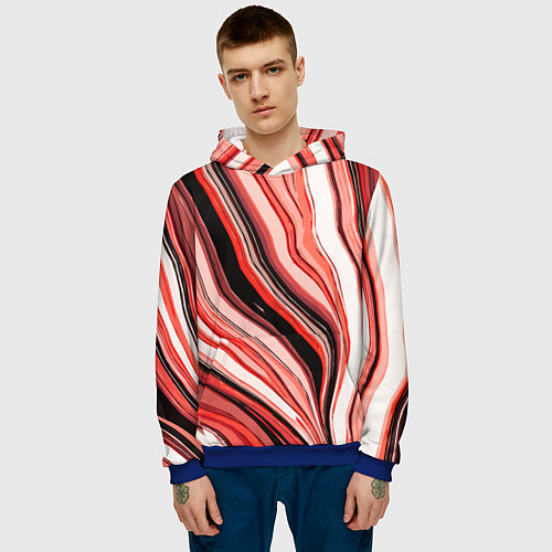 Мужская толстовка Волнистые вертикальные чёрно-красные полосы / 3D-Синий – фото 3