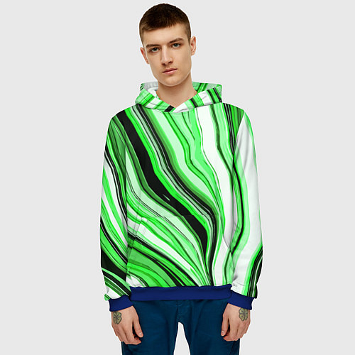 Мужская толстовка Волнистые вертикальные чёрно-зелёные полосы / 3D-Синий – фото 3