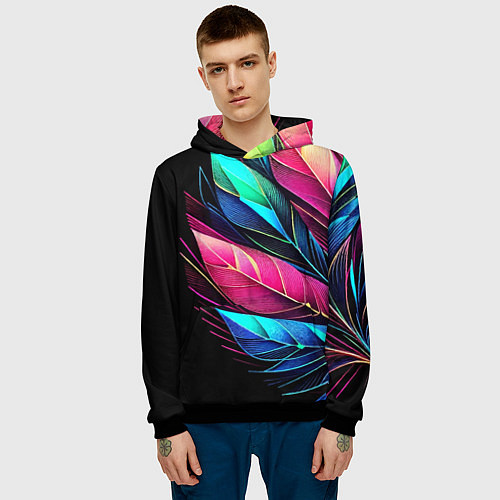 Мужская толстовка Букет из цветных перьев - неон / 3D-Черный – фото 3
