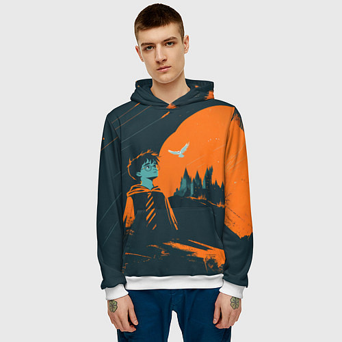 Мужская толстовка Гарри Поттер черно-оранжевый фон / 3D-Белый – фото 3