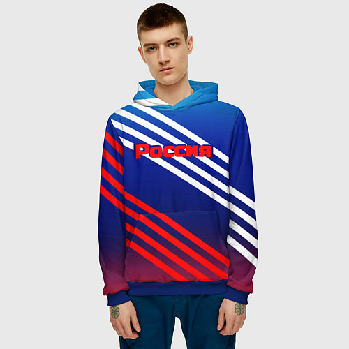 Мужская толстовка Россия на фоне цветов флага / 3D-Синий – фото 3
