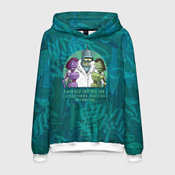 Толстовка-худи мужская Футурама: Бендер с роботессами на малахитовом, цвет: 3D-белый