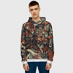 Толстовка-худи мужская Драконы и самураи в стиле ирезуми, цвет: 3D-белый — фото 2