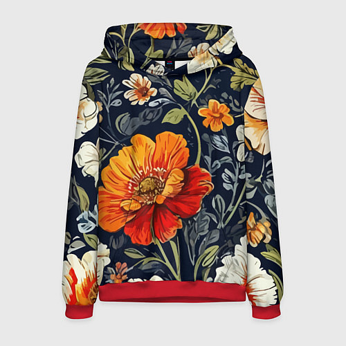 Мужская толстовка Маки и пионы старинный паттерн / 3D-Красный – фото 1