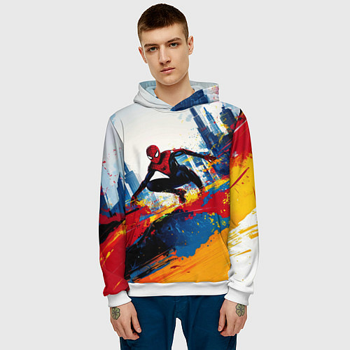 Мужская толстовка Человек - паук и пролитая краска / 3D-Белый – фото 3