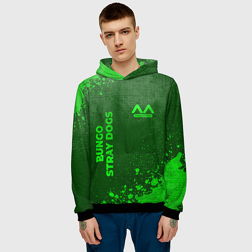 Мужская толстовка Bungo Stray Dogs - green gradient вертикально / 3D-Черный – фото 3