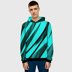 Толстовка-худи мужская Неоновый голубой с чёрным абстракция с полосами, цвет: 3D-черный — фото 2