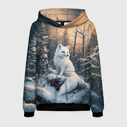 Толстовка-худи мужская Белый лисенок в зимнем лесу, цвет: 3D-черный