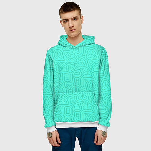 Мужская толстовка Лабиринтовый паттерн с иероглифами на бирюзе / 3D-Белый – фото 3